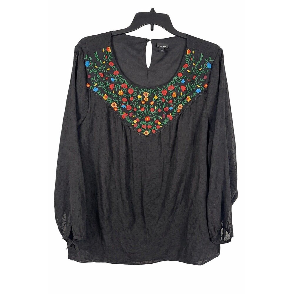 Torrid Embroidered Boho Blouse Womens 3X Black Sheer Sleeve Floral Tunic Top